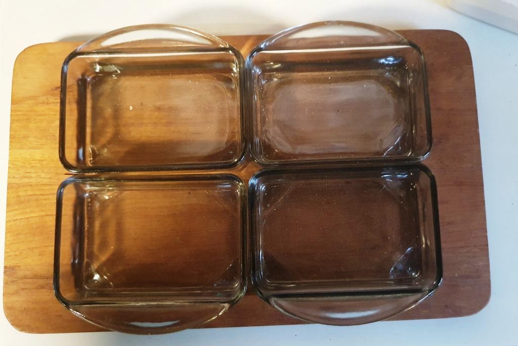 Små tapasfade / Kabaretfade retro i teak/glas –  flere forskellige